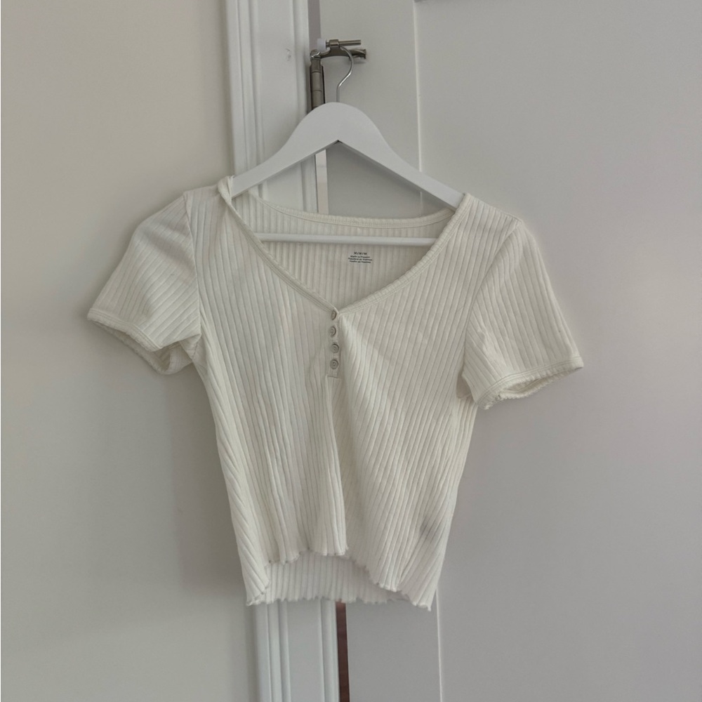 American Eagle Outfitters Cream Ribbed Crop Blouse